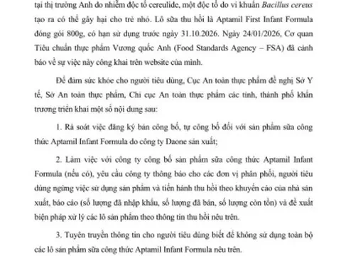 KHẨN - Bộ Y tế cảnh báo nóng về sản phẩm sữa công thức Aptamil Infant Formula 800g