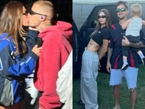 Có thể là rụng rời khi nhìn Justin Bieber khóa môi Hailey ở Coachella 2026, quý tử không lộ mặt vẫn hot ngang bố mẹ